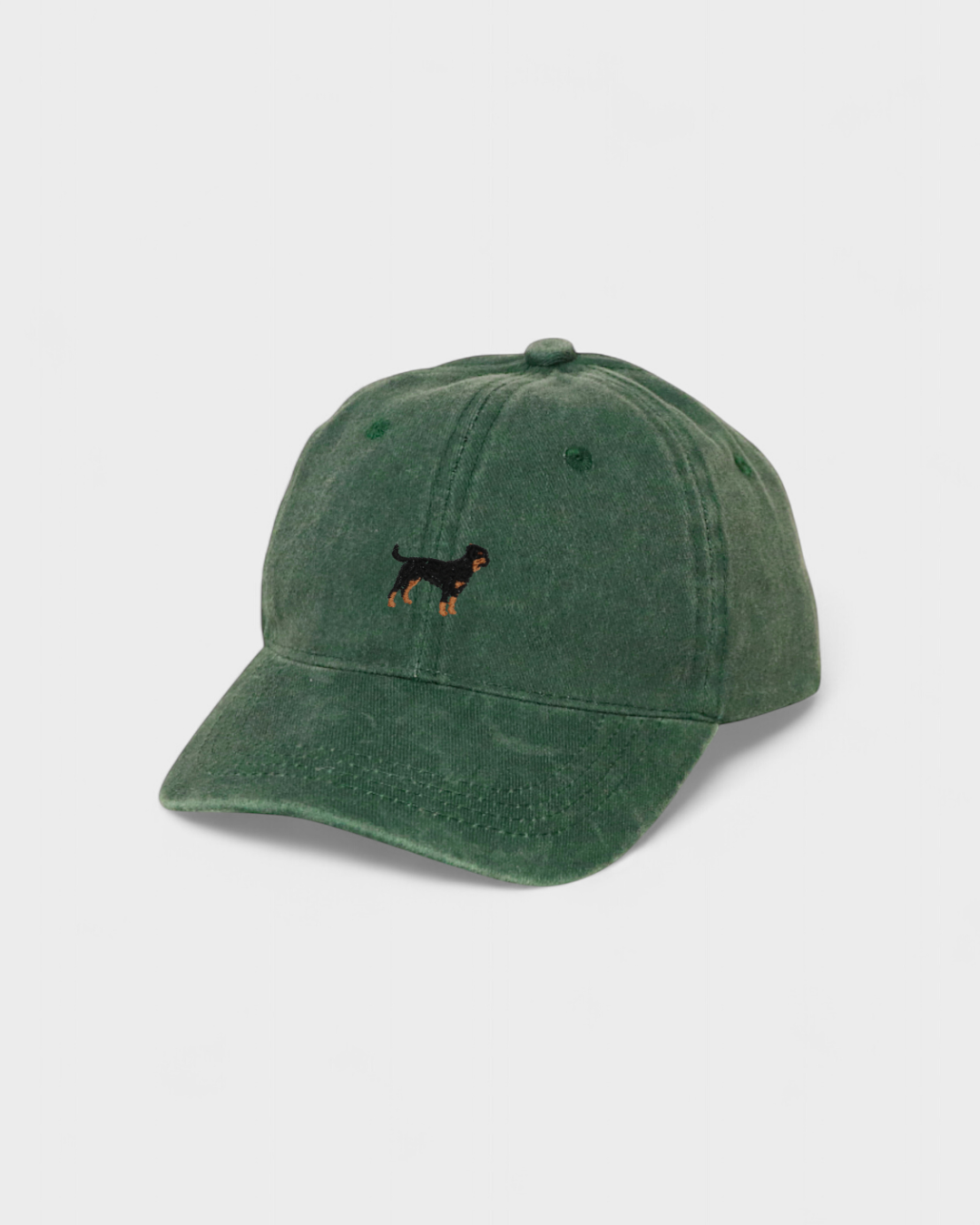 Green Bengal Personalised Hat with hand-embroidered Rottweiler design on front, made of 100% washed cotton in classic baseball fit