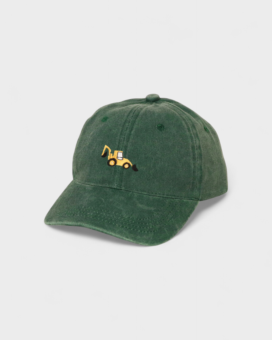 Green personalised hat with digger embroidery on front, customisable text on back, 100% washed cotton.