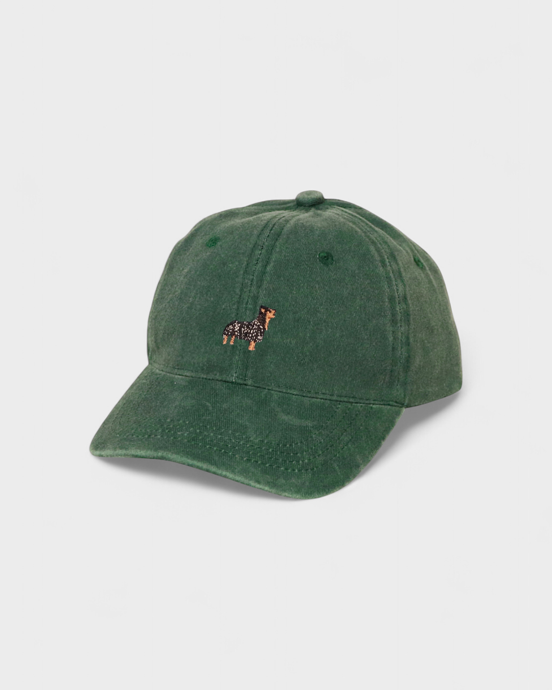 Yorkie Personalised Hat with embroidered Yorkie design on front in green baseball cap style.