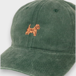 Australian Terrier Personalised Hat in green washed cotton with embroidered Aussie Terrier design and customizable back embroidery