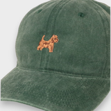 Australian Terrier Personalised Hat in green washed cotton with embroidered Aussie Terrier design and customizable back embroidery