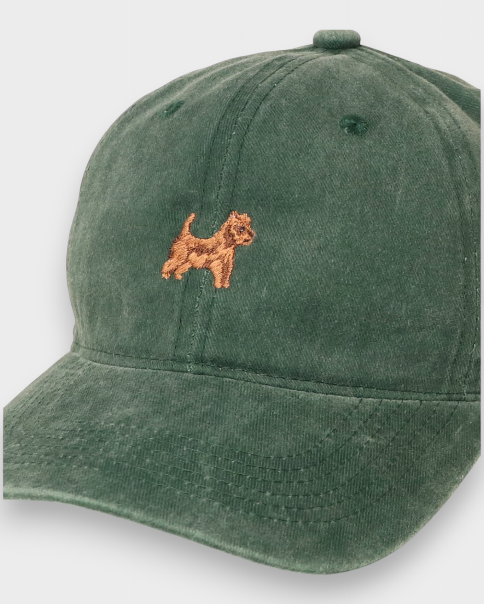 Australian Terrier Personalised Hat in green washed cotton with embroidered Aussie Terrier design and customizable back embroidery