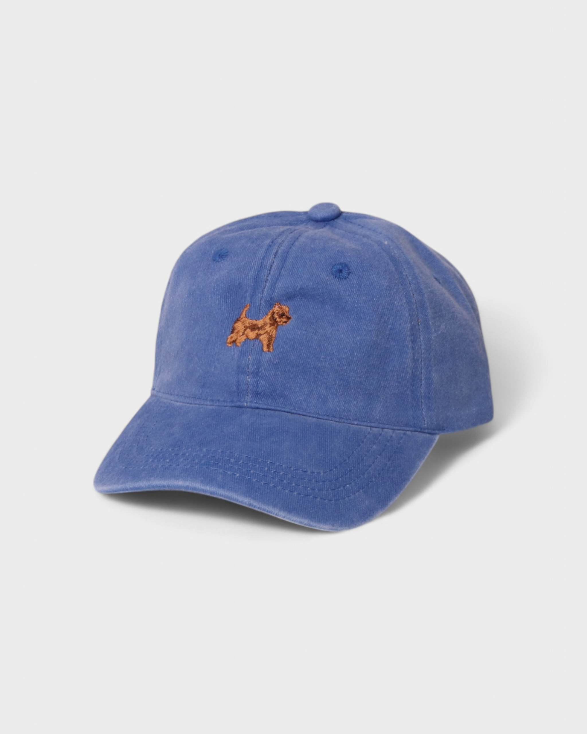 Blue washed cotton baseball hat with embroidered Australian Terrier design and personalized embroidery option
