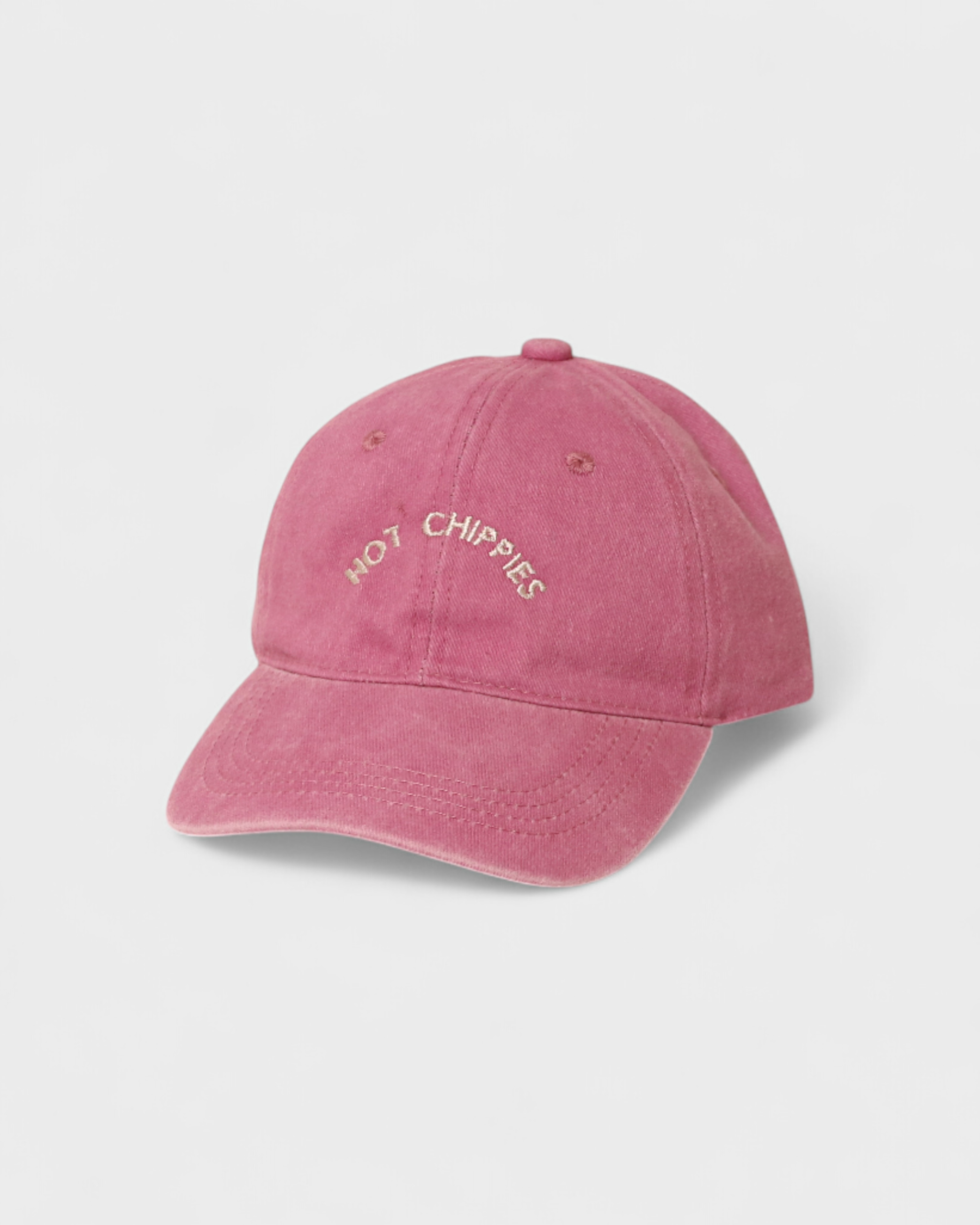 Pink Hot Chippies Personalised Hat with embroidered text and classic baseball fit made of 100% washed cotton