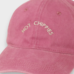 Pink Hot Chippies Personalised Hat with embroidered front text, made of 100% washed cotton in a classic baseball fit.