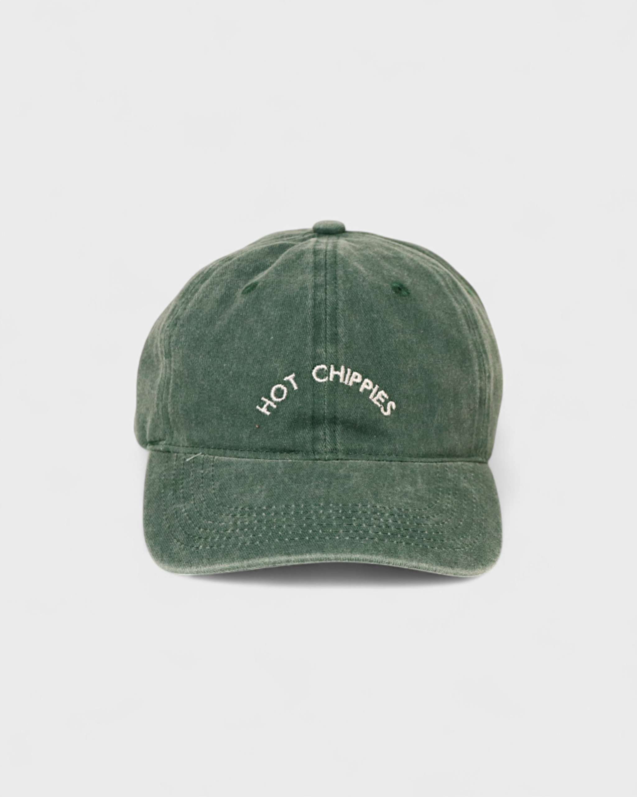 Green Hot Chippies Personalised Hat with embroidered text on front, 100% washed cotton baseball cap.