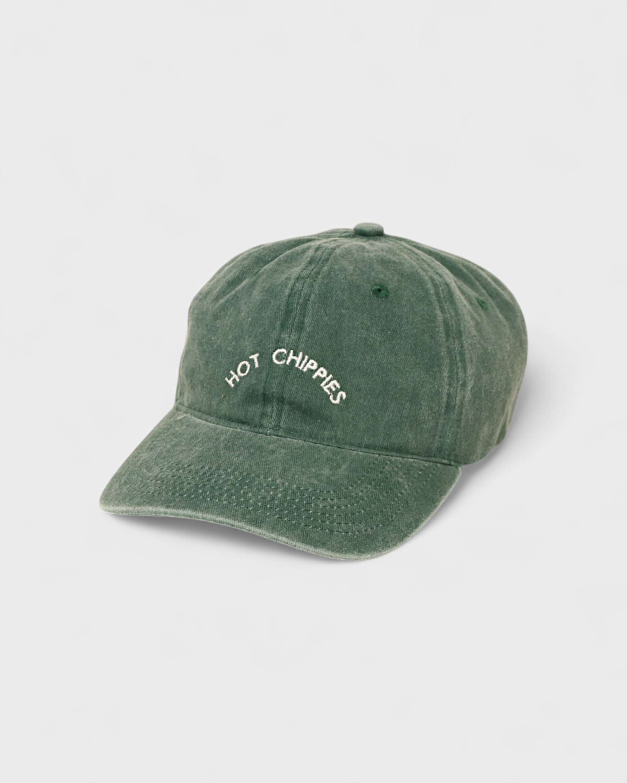 Dark green Hot Chippies Personalised Hat with embroidered text on front, classic baseball fit made of 100% washed cotton