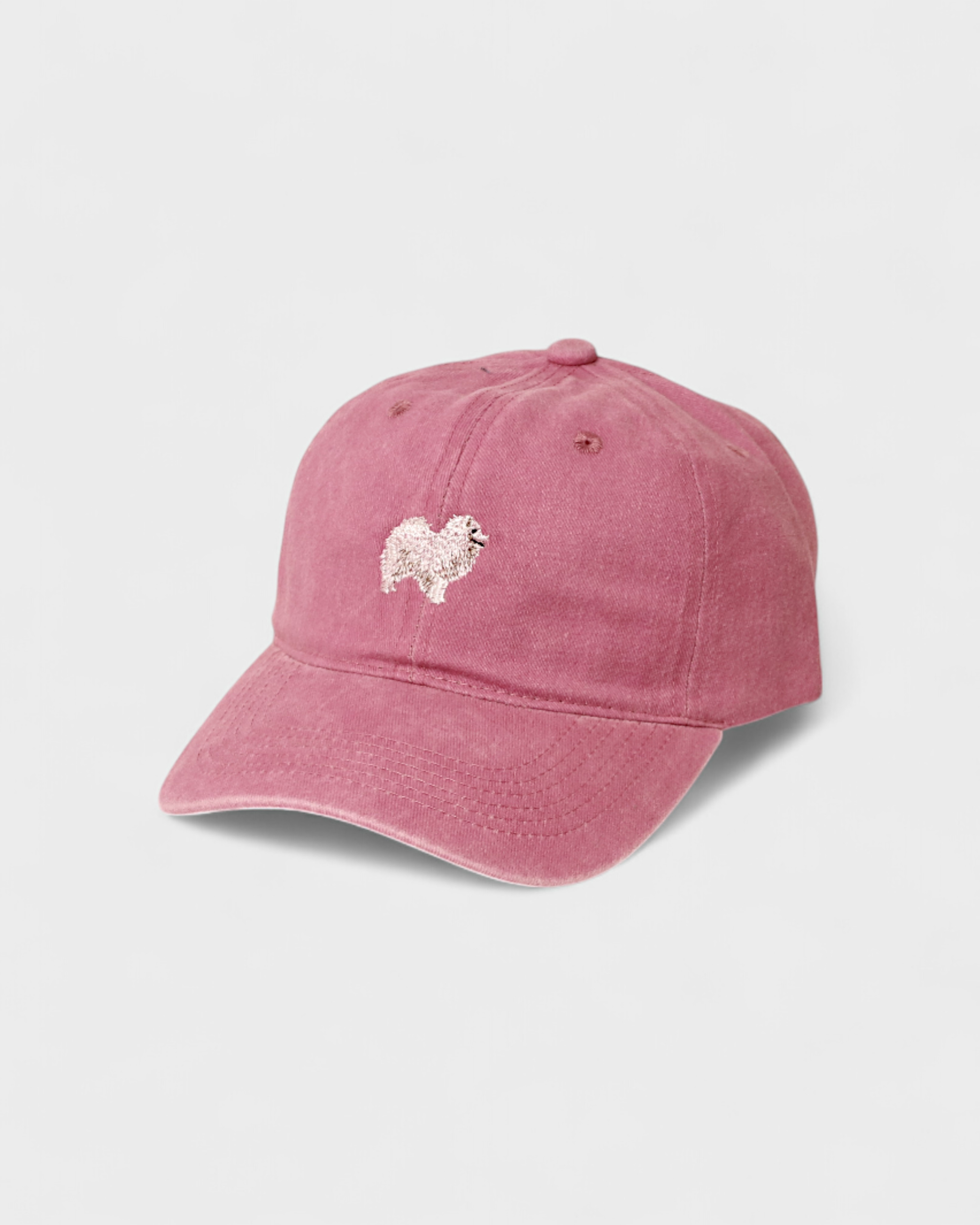 Japanese Spitz personalised hat with embroidered design on washed cotton.