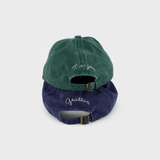 Love heart personalised hats in green and navy blue with custom embroidery on the back.