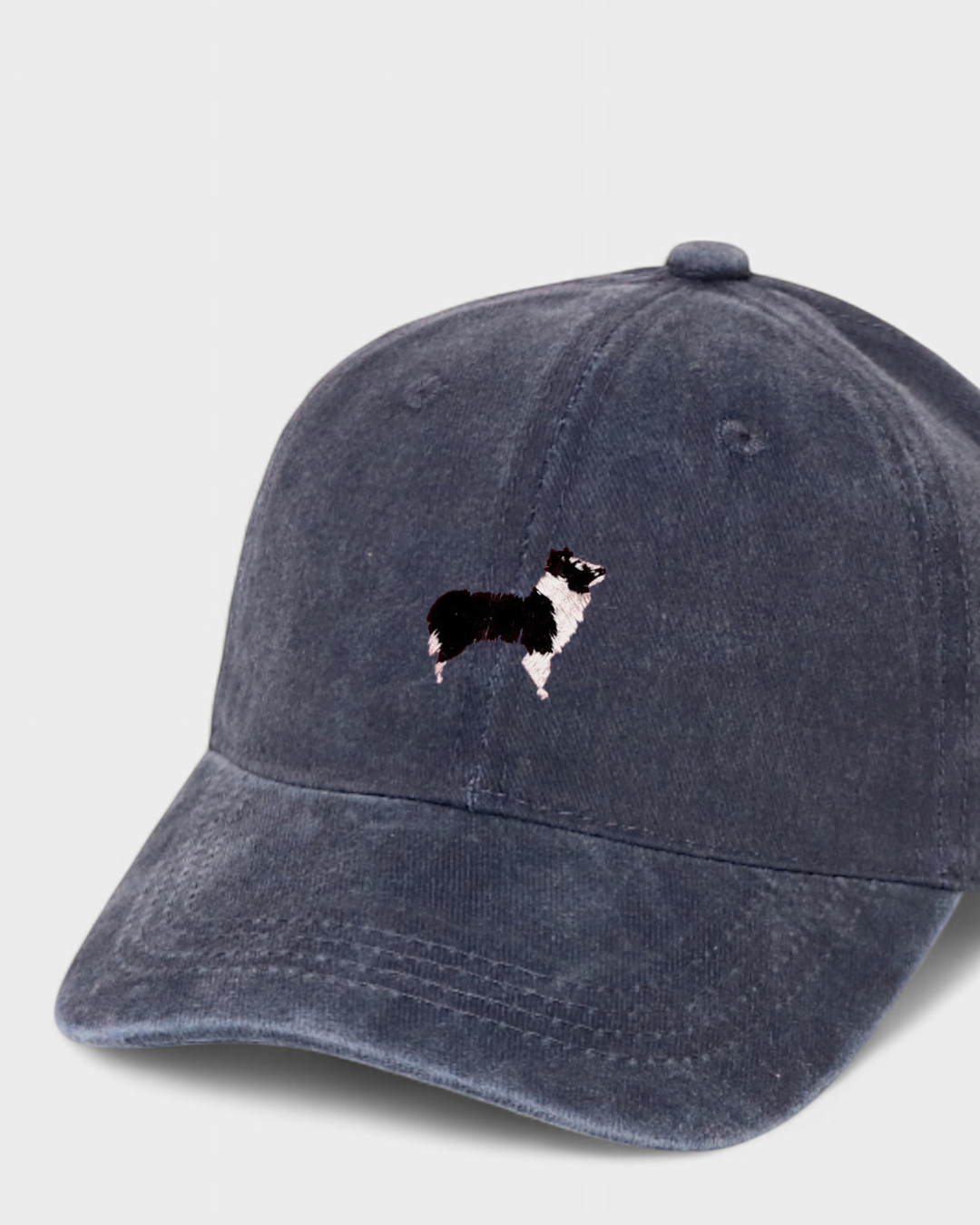 Border Collie personalised hat with embroidered design and custom back embroidery.