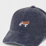 King Charles Spaniel embroidered hat with personalized back embroidery in washed cotton.