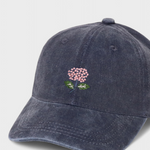 Blue Hydrangea personalised hat with hand-drawn embroidery design.