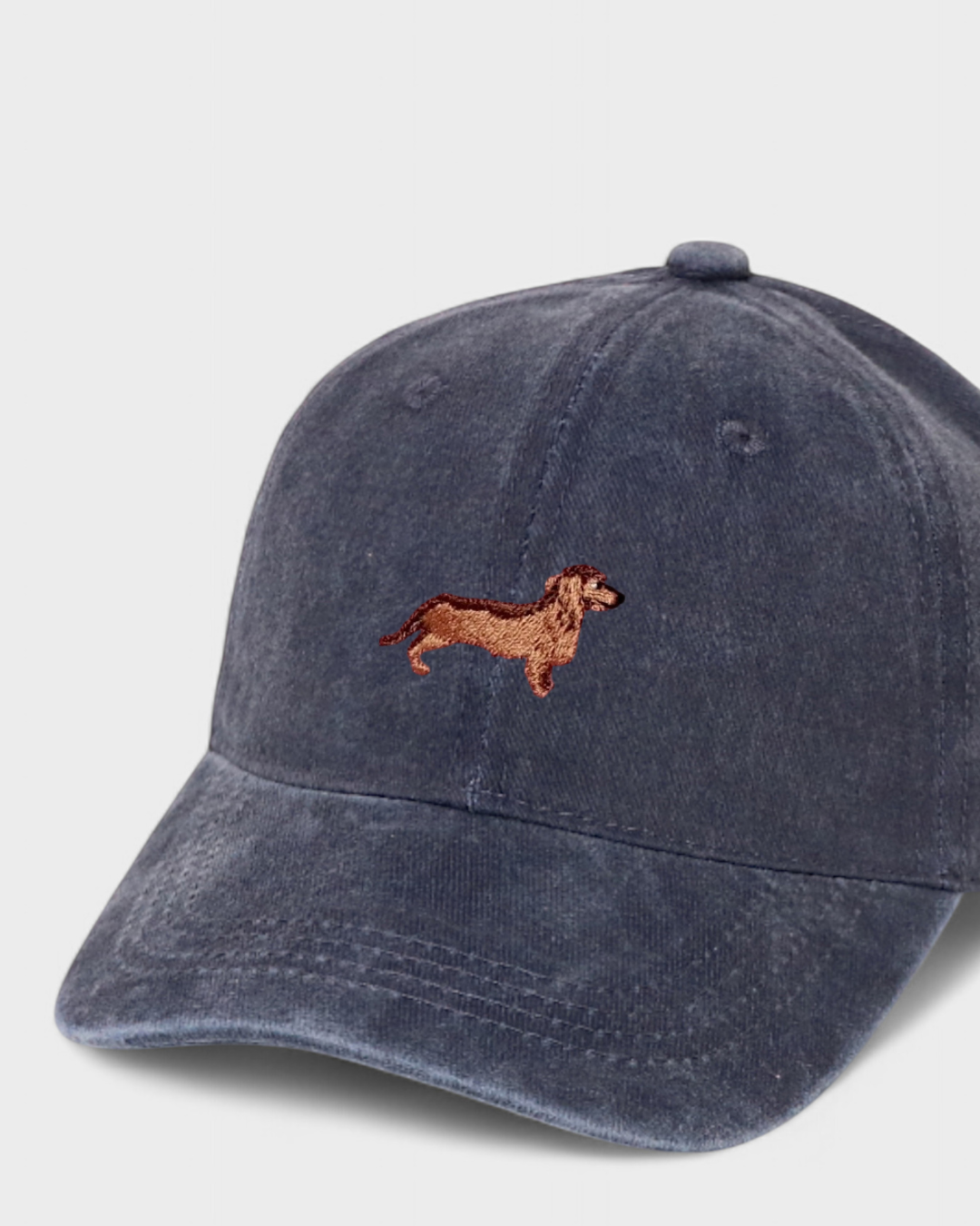 Dachshund personalised hat with hand-drawn embroidery, 100% washed cotton, baseball fit.