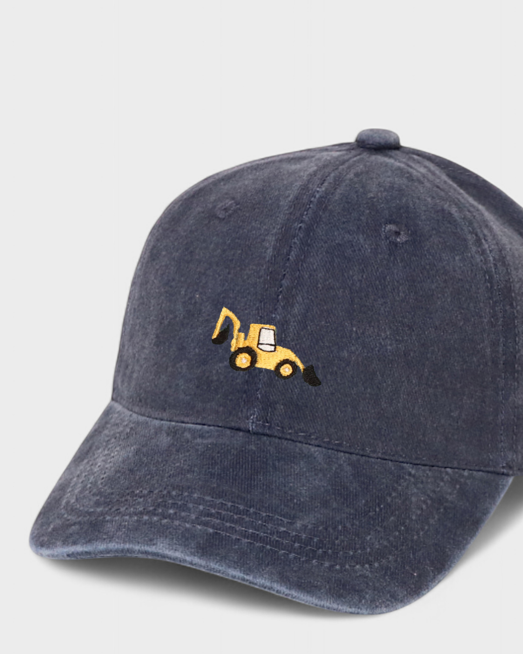 Digger embroidered personalised hat in washed cotton with customisable back embroidery in block or script font.
