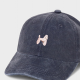 Navy blue baseball cap with hand-embroidered poodle design, personalised embroidery optional, made of 100% washed cotton.