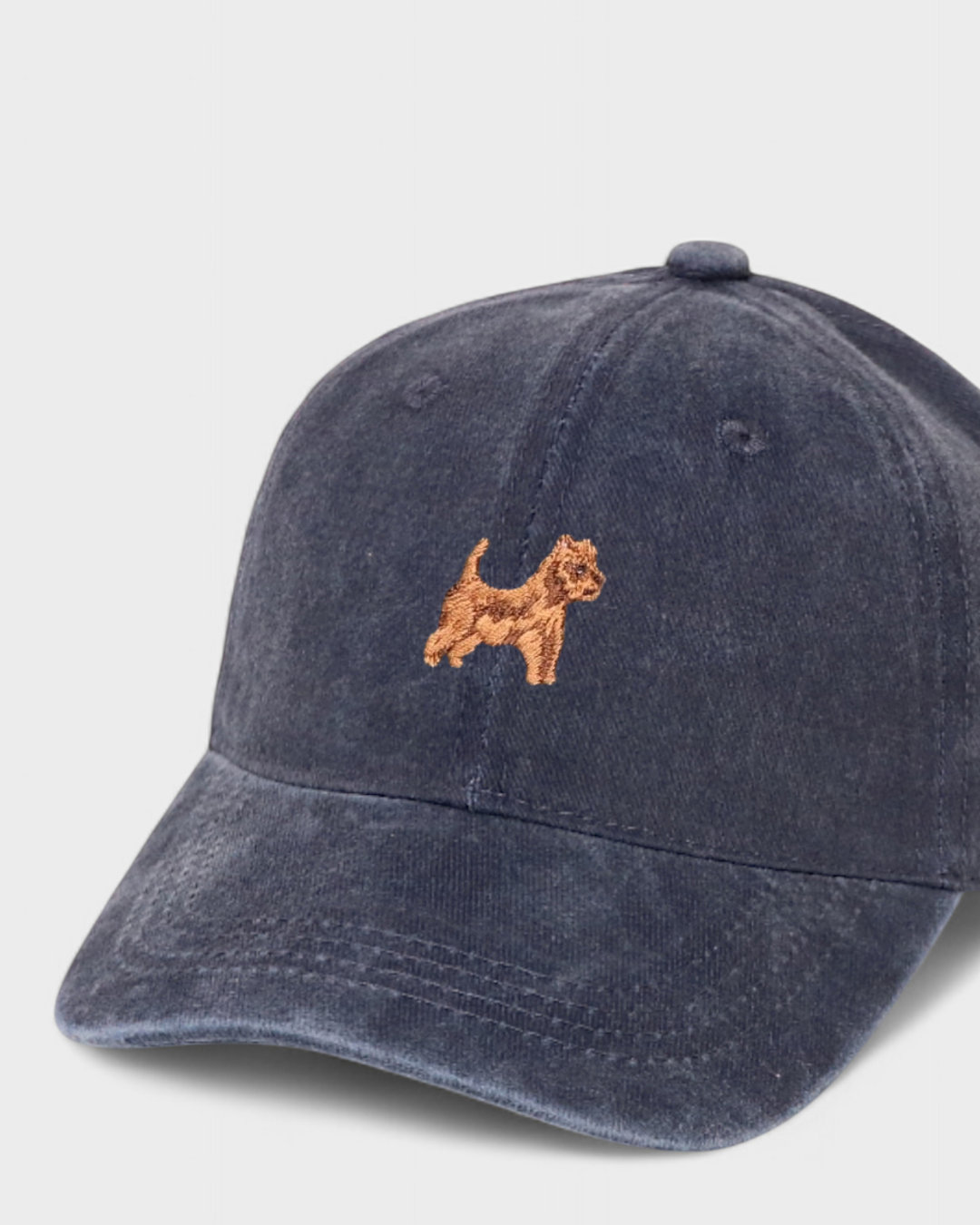 Australian Terrier personalised hat with embroidered design on front.