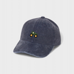 Tractor Personalised Hat with hand-drawn embroidery and custom name option, 100% washed cotton.