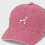 Dalmatian personalised hat with embroidered design on front, customizable embroidery on back, 100% washed cotton.