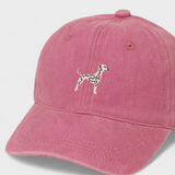 Dalmatian personalised hat with embroidered design on front, customizable embroidery on back, 100% washed cotton.