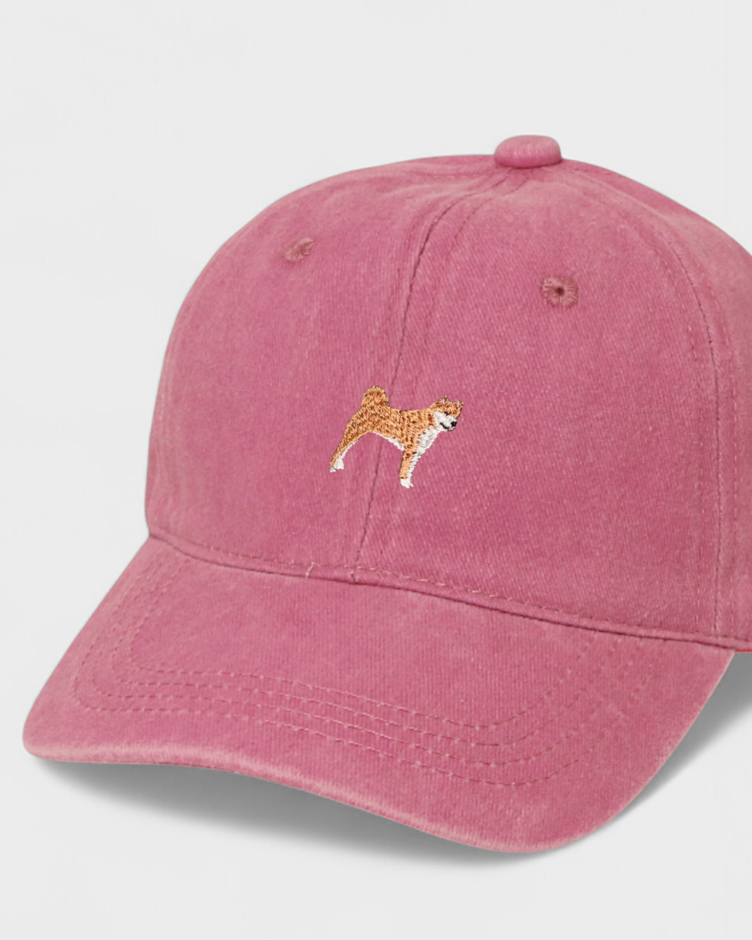 Shiba Inu personalised hat with embroidered design on pink washed cotton baseball cap.