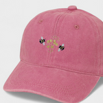 Bees personalised hat with embroidered design on pink cotton baseball cap.