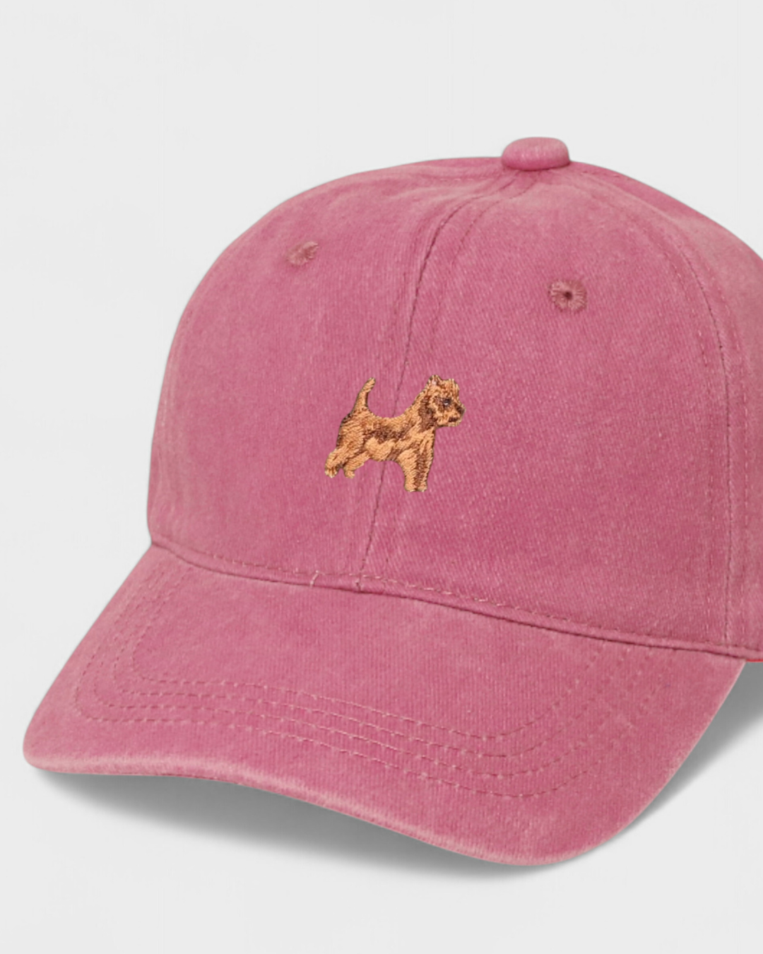 Pink Australian Terrier personalised hat with embroidered dog design on front and custom embroidery option on back