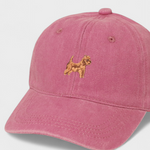 Pink Australian Terrier personalised hat with embroidered dog design on front and custom embroidery option on back