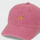 Pink Australian Terrier personalised hat with embroidered dog design on front and custom embroidery option on back