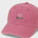 Blue Hydrangea personalised hat with hand-drawn embroidery design and custom font on 100% washed cotton.