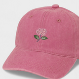 Blue Hydrangea personalised hat with hand-drawn embroidery design and custom font on 100% washed cotton.