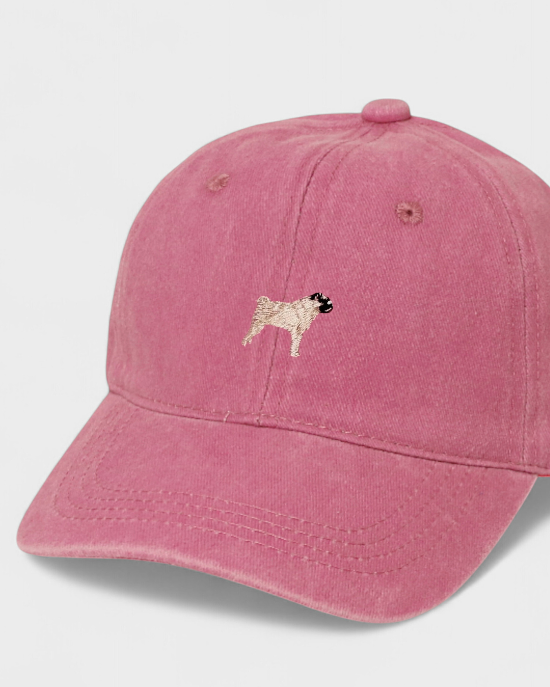 Pug Personalised Hat with embroidered design, 100% washed cotton, classic baseball fit.