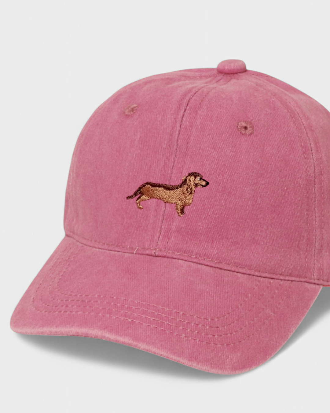 Pink dachshund embroidered personalised hat made of 100% washed cotton.