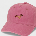 Pink dachshund embroidered personalised hat made of 100% washed cotton.