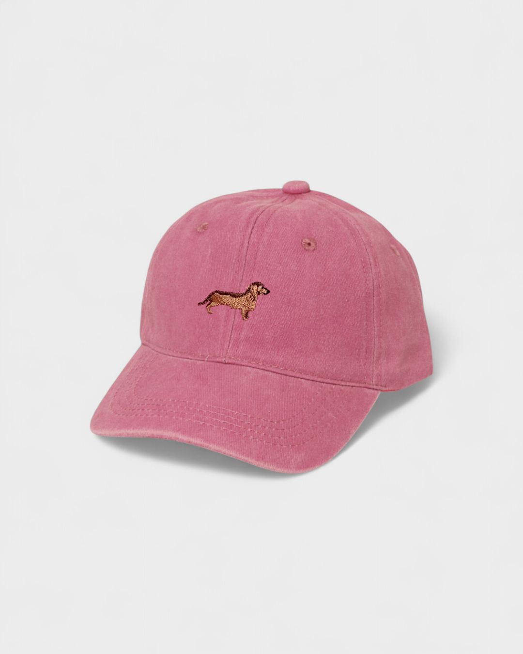 Dachshund personalised hat with hand-drawn embroidery in pink cotton baseball cap.
