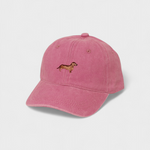 Dachshund personalised hat with hand-drawn embroidery in pink cotton baseball cap.
