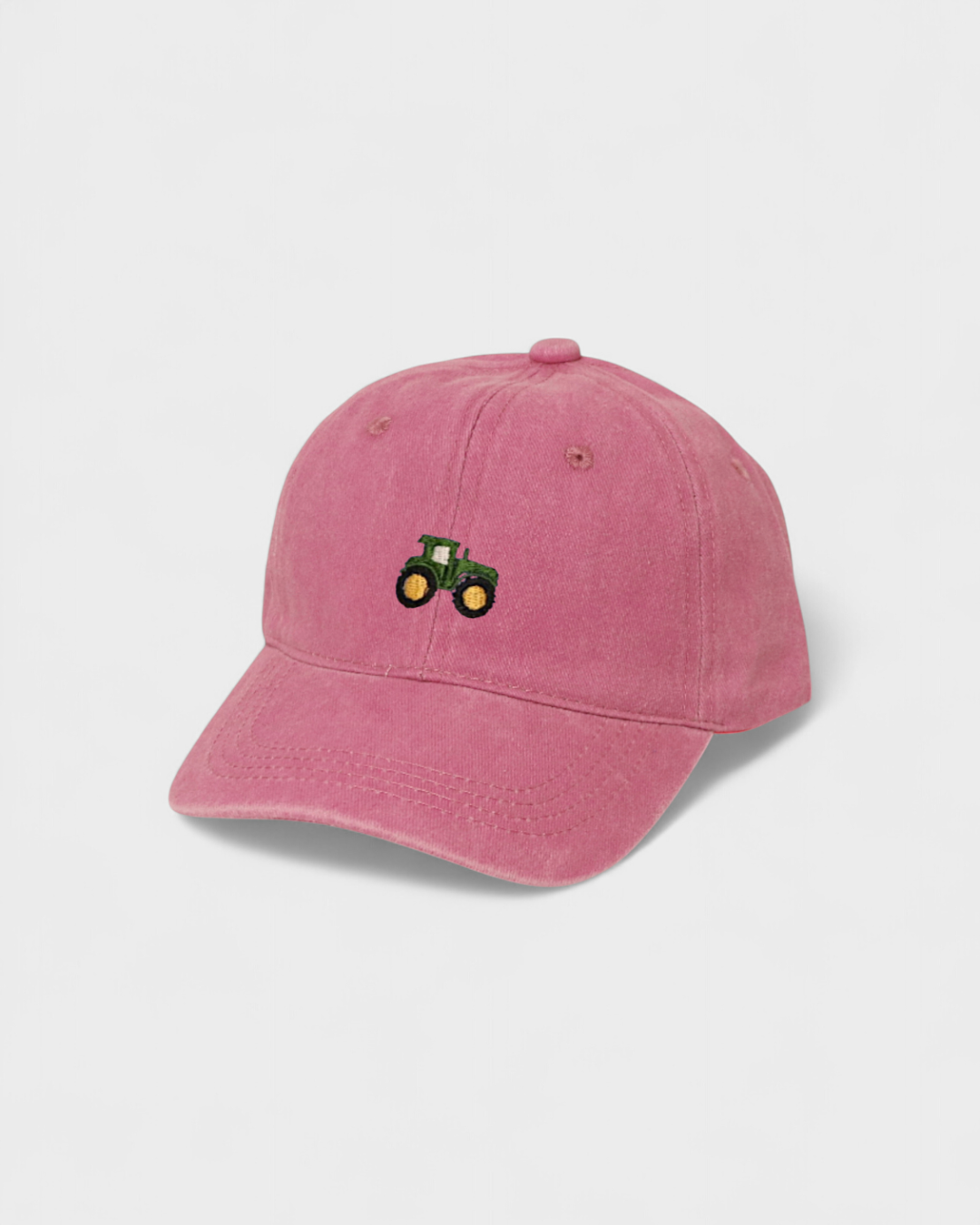 Tractor personalised hat with embroidery design on pink baseball cap.