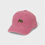 Tractor personalised hat with embroidery design on pink baseball cap.