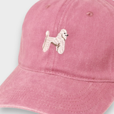 Pink Poodle Personalised Hat with hand-embroidered poodle design and customizable embroidery on back, made from 100% washed cotton in classic baseball style
