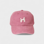 Pink baseball hat with embroidered hand-drawn Poodle design front, personalized embroidery option on back, 100% washed cotton.