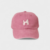 Pink baseball hat with embroidered hand-drawn Poodle design front, personalized embroidery option on back, 100% washed cotton.