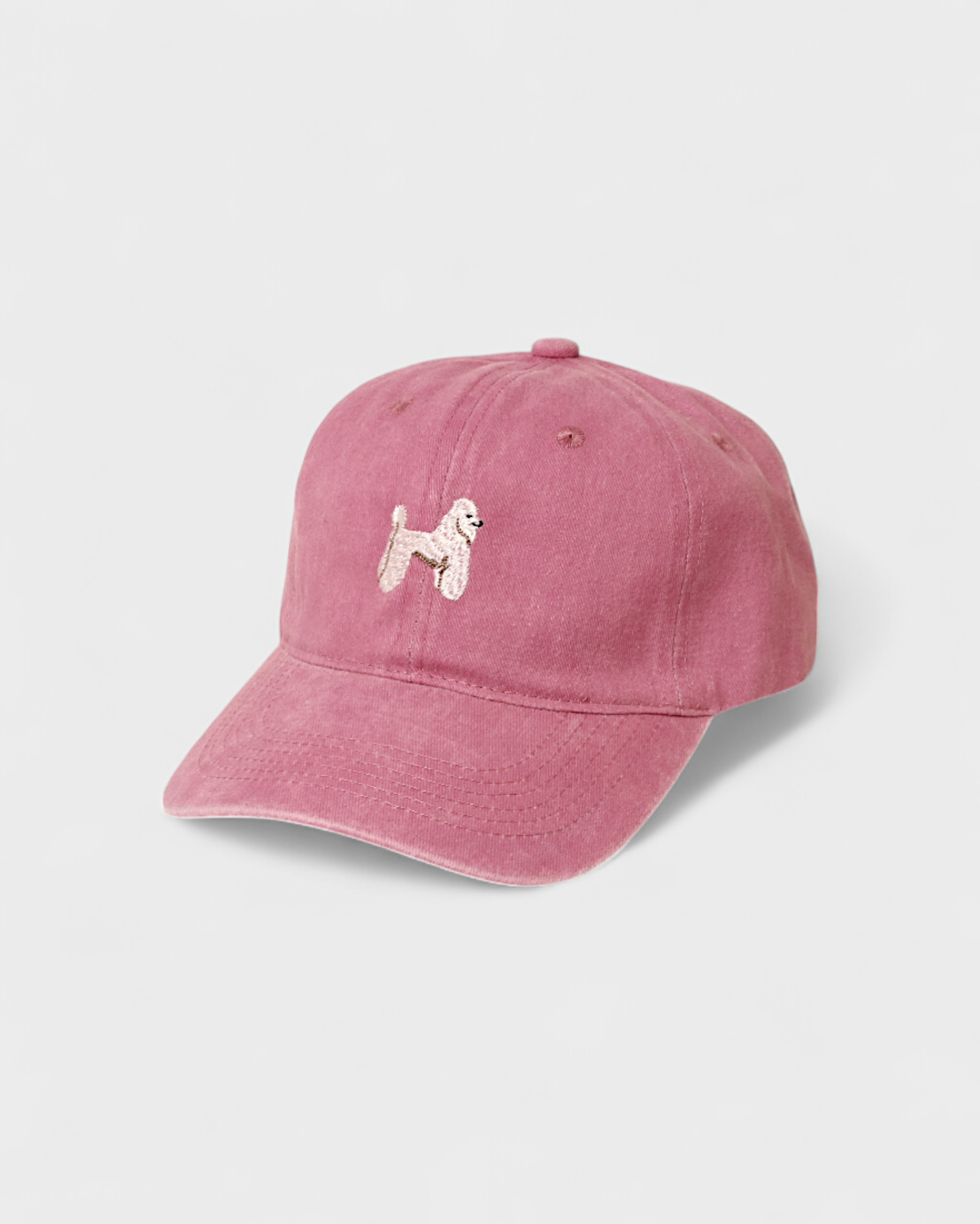 Poodle Personalised Hat with hand-drawn poodle embroidery on pink cotton.