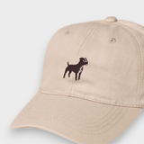 Beige baseball hat with embroidered Staffordshire Bull Terrier design on the front, made of 100% washed cotton.