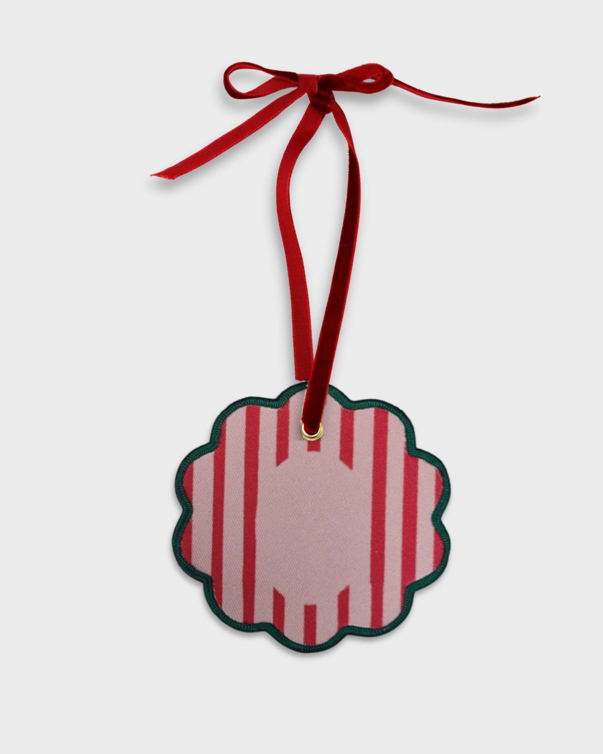 Custom pet ornament with red velvet ribbon and scalloped edge, striped red and pink design, 10cm x 10cm pet ornaments for holiday decor