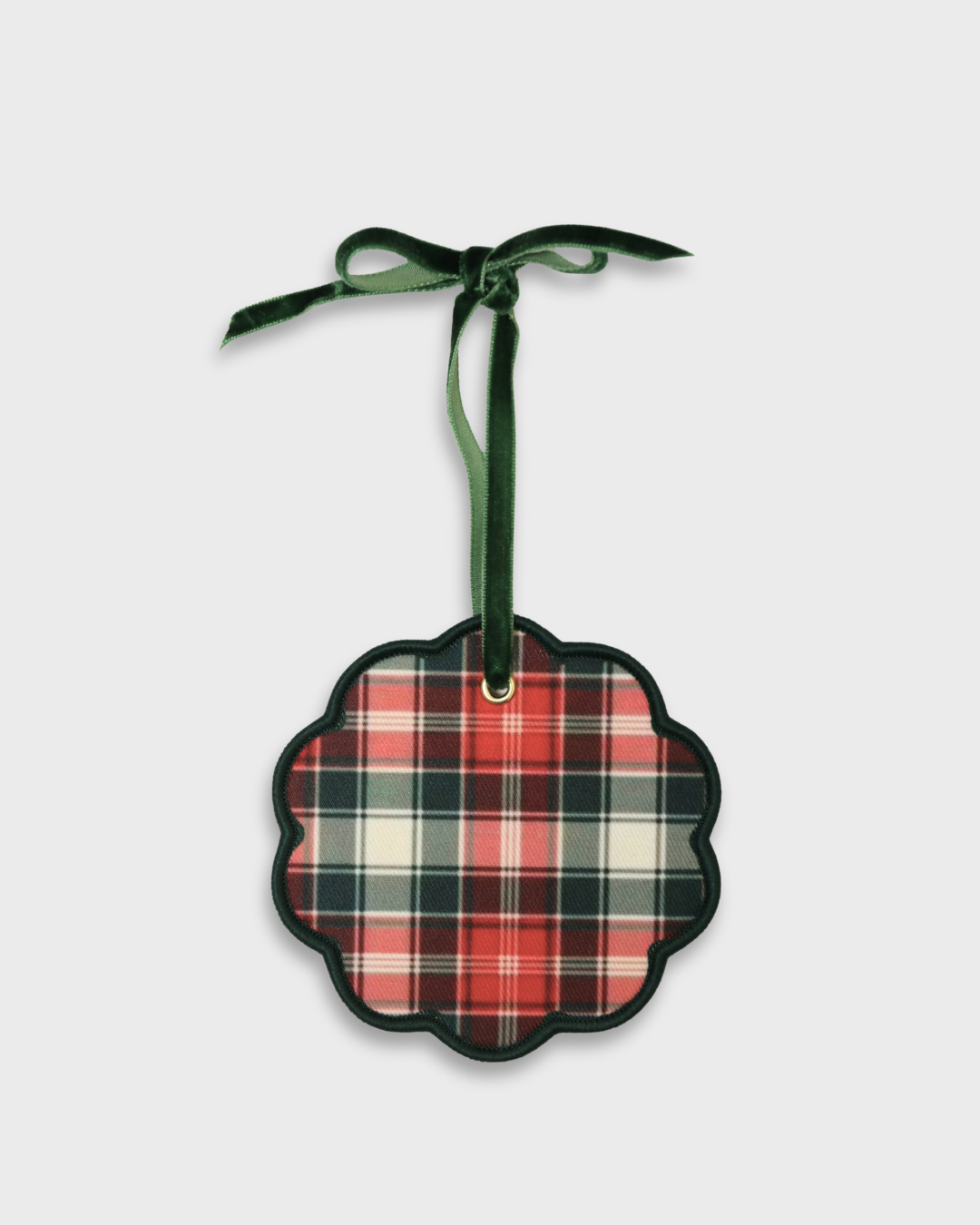 Red and green tartan pet ornament with velvet ribbon for hanging, customizable with pet name or photo, 10cm x 10cm.