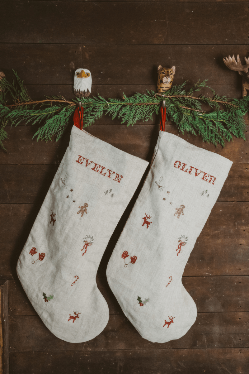 Holiday Pattern Linen Stocking - Namesake Embroidery Studio