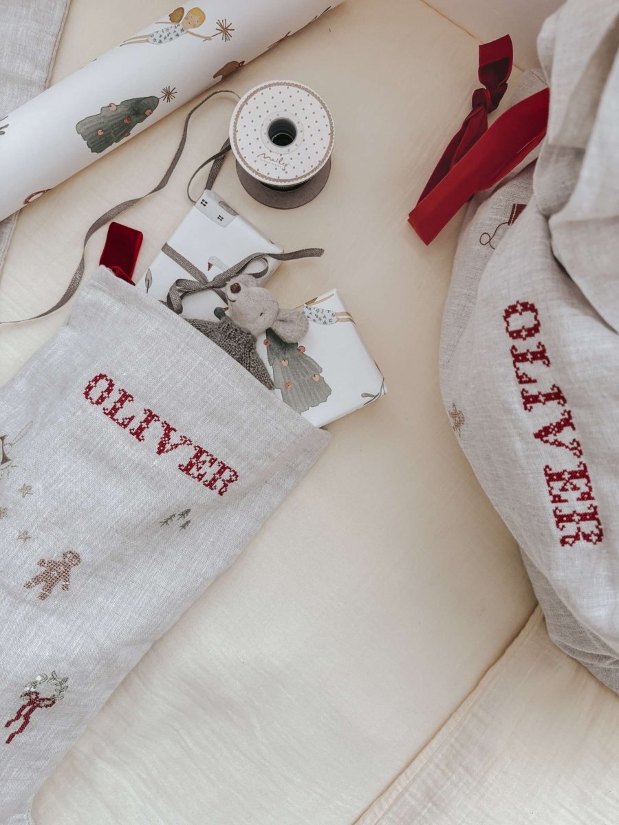 Holiday Pattern Linen Stocking - Namesake Embroidery Studio