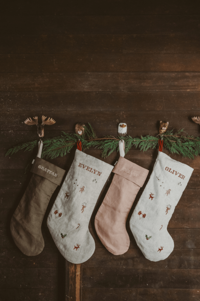 Holiday Pattern Linen Stocking - Namesake Embroidery Studio