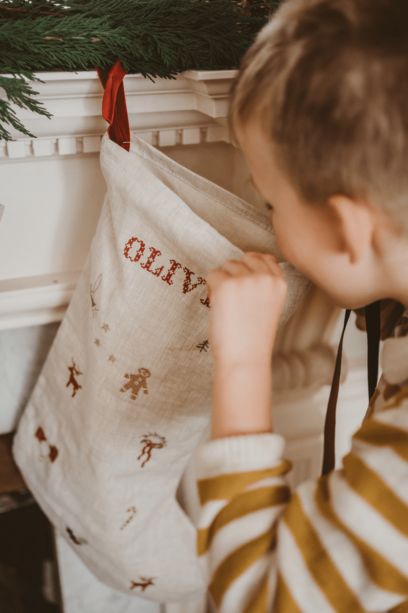 Holiday Pattern Linen Stocking - Namesake Embroidery Studio