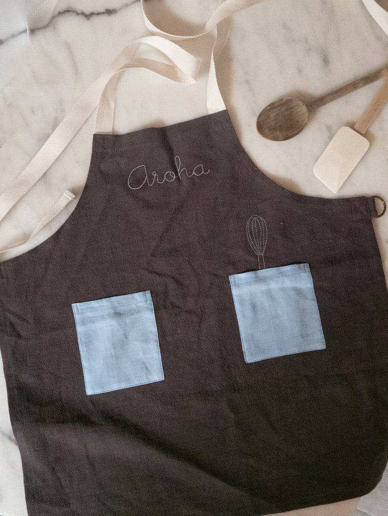 Kids Blue on Stone Grey Linen Apron - Namesake Embroidery Studio