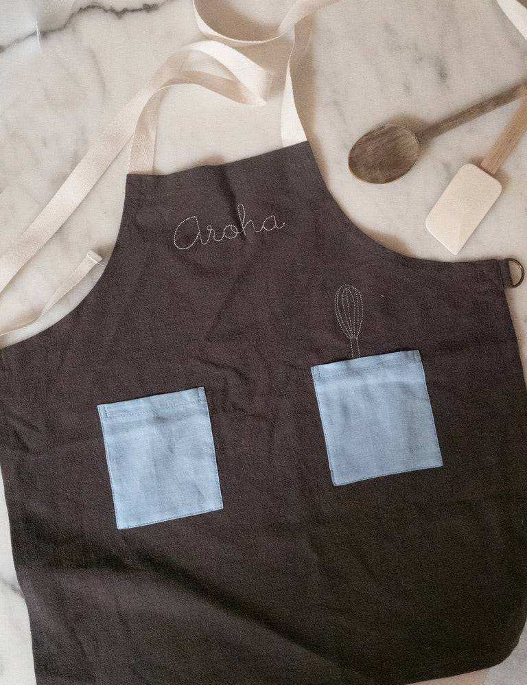 Kids Blue on Stone Grey Linen Apron - Namesake Embroidery Studio